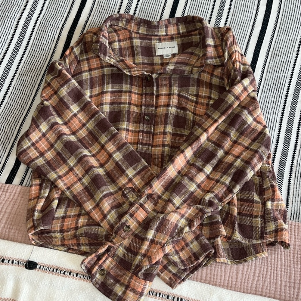 Brown, Orange, and Yellow American Eagle Cropped Flannel